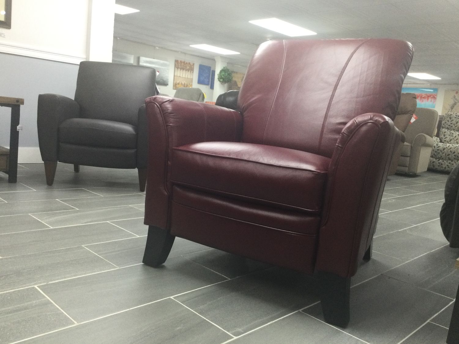 Riley High Leg Reclining Chair Cozy Match Wine Coffee Finish