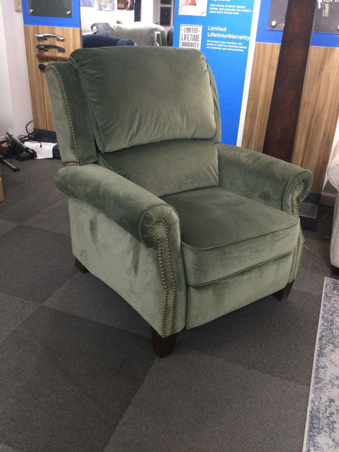 Carleton High Leg Reclining Chair Brass Nail Head Trim - Vitani Windsor Green Fabric
