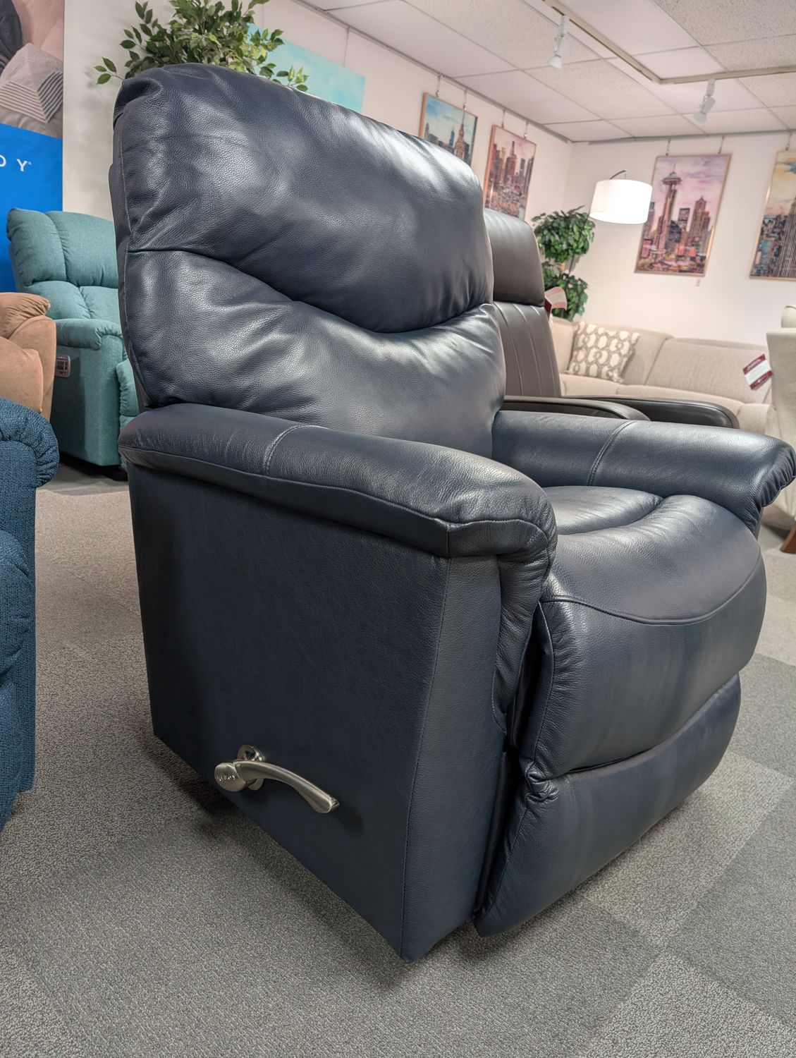 James Rocking Recliner Sidekick Navy Leather FD Arc Handle *Contour Cushion*