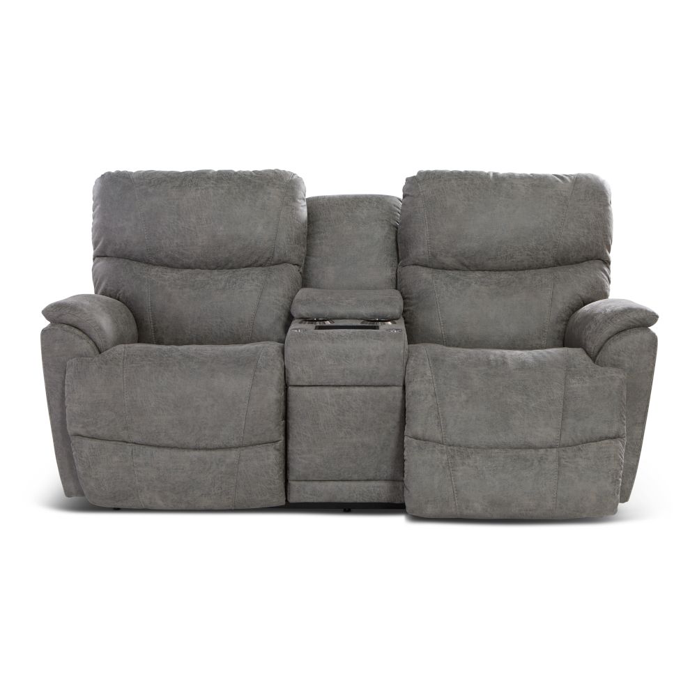 Trouper Power Reclining Loveseat w/ Headrest, Lumbar &amp; Console i-Northwest Charcoal Dual RW Mahogany Power Bundle