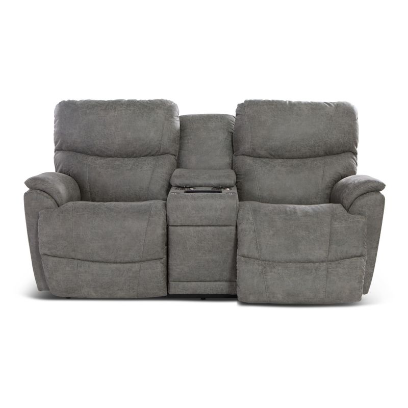 Trouper Power Reclining Loveseat With Headrest, Lumbar, Console Wireless Remotes, Mahogany Power Bundle - i-Northwest Charcoal Fabric