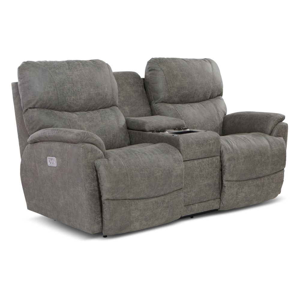 Trouper Power Reclining Loveseat With Headrest, Lumbar, Console Wireless Remotes, Contour Cushion, Mahogany Power Bundle - i-Northwest Charcoal Fabric
