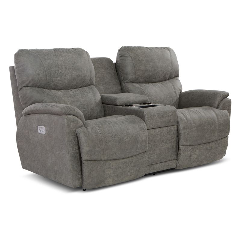 Trouper Power Reclining Loveseat With Headrest, Lumbar, Console Wireless Remotes, Contour Cushion, Mahogany Power Bundle - i-Northwest Charcoal Fabric