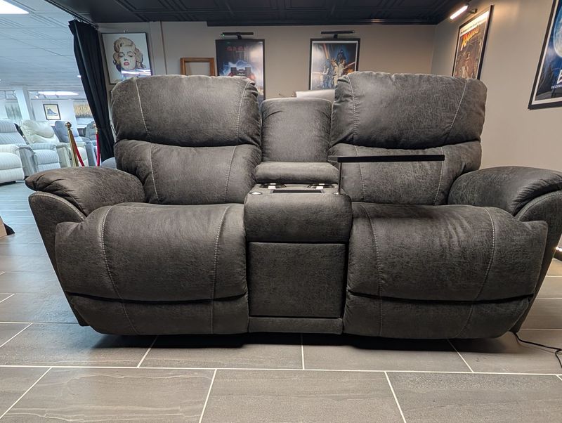 Trouper Power Reclining Loveseat With Headrest, Lumbar, Console Wireless Remotes, Mahogany Power Bundle - i-Northwest Ink Fabric
