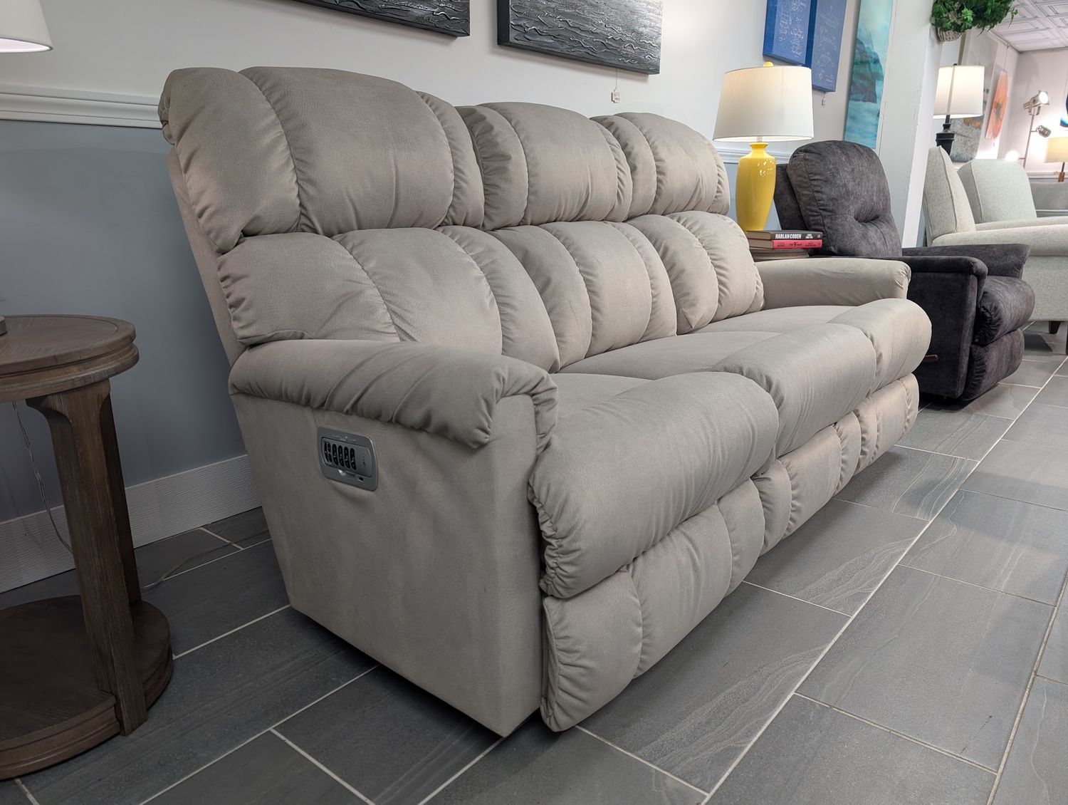Pinnacle Power Wall Reclining Sofa With Headrest, Lumbar Wireless Remotes - i-Kudos Oyster Fabric
