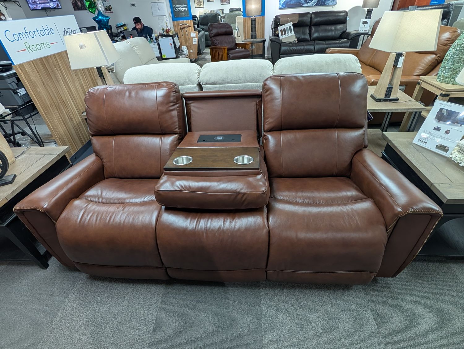 Apollo Power Reclining Sofa With Headrest, Lumbar, Drop Down Table Wireless Remotes - Highbrow Chestnut Leather