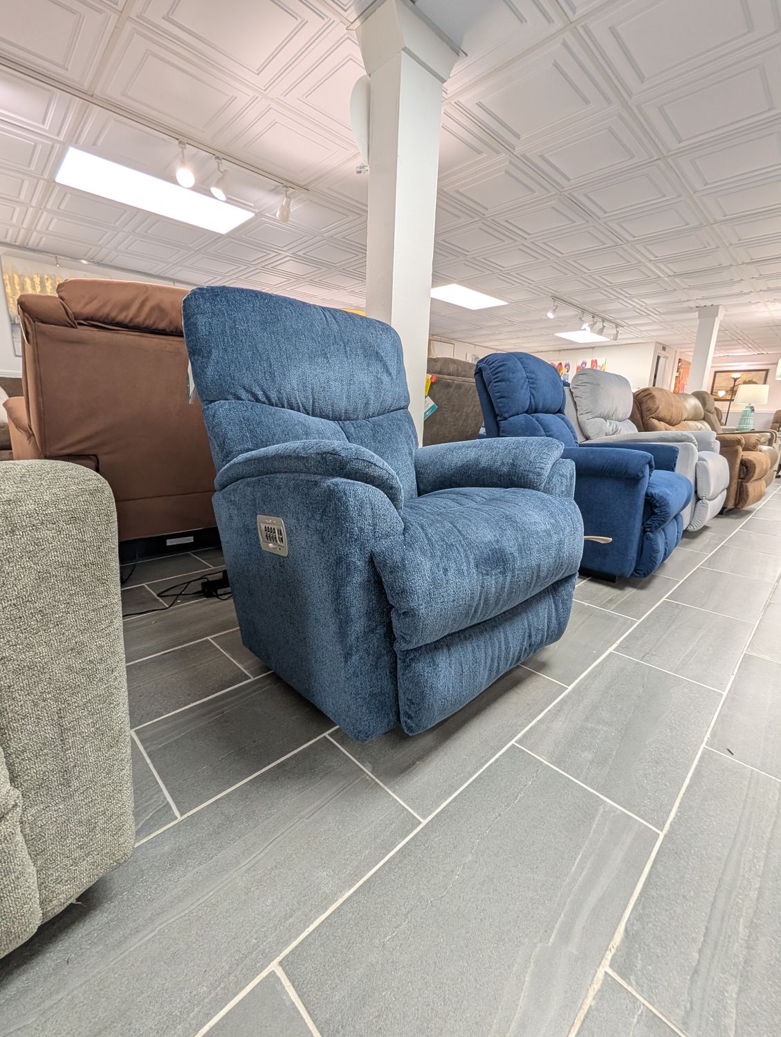 Trouper Power Rocking Recliner With Headrest, Lumbar - Tiago Navy Fabric