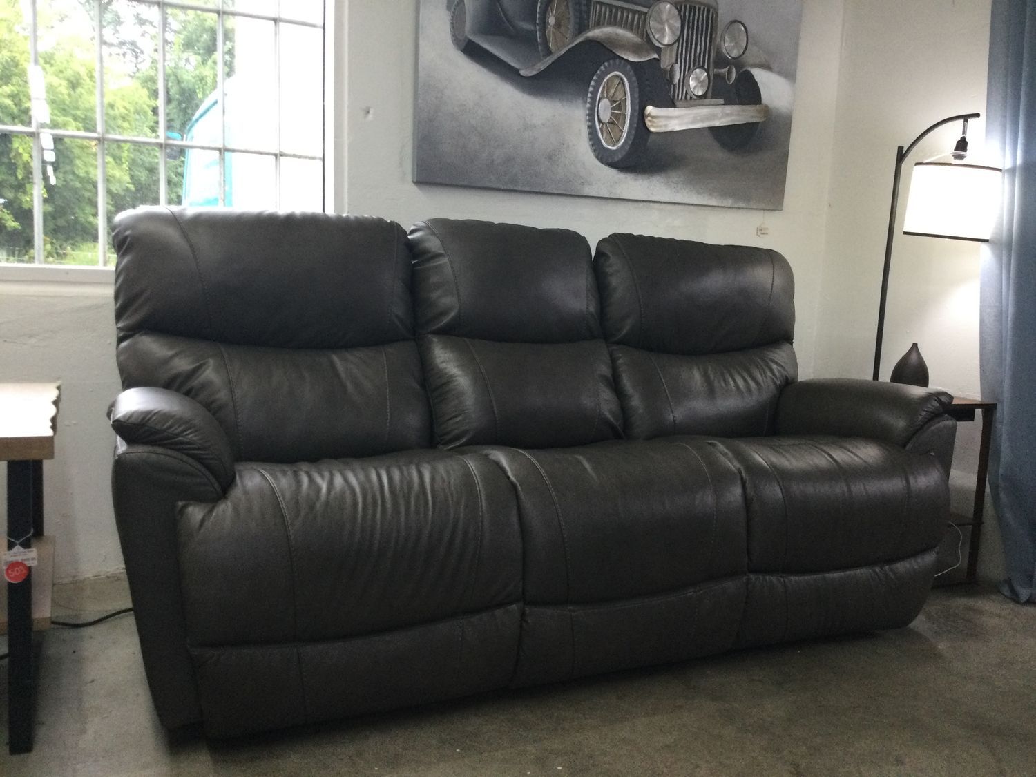 Trouper Power Reclining Sofa With Headrest, Lumbar Wireless Remotes - Intermingle Grey Leather Clearance