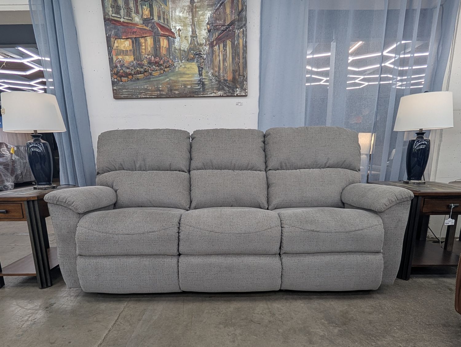 Brooks Power Reclining Sofa With Headrest Contour Cushion - i-George Grey Fabric