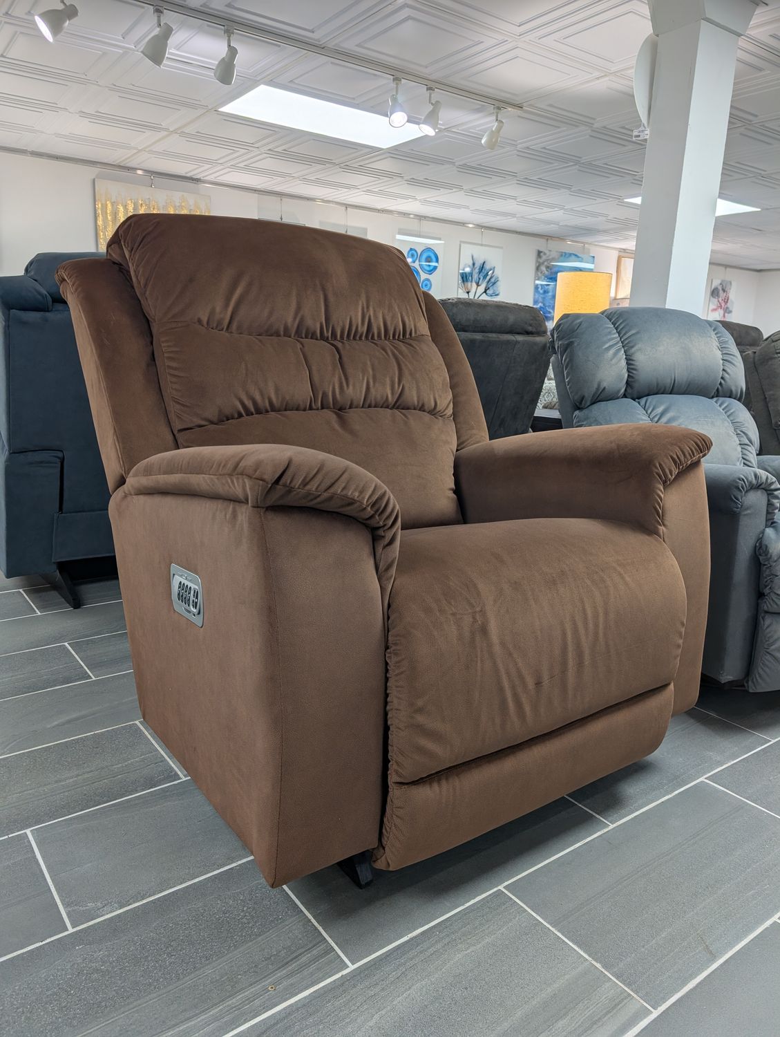 Redwood Power Rocking Recliner With Headrest, Lumbar Contour Cushion - i-Weekend Chestnut Fabric