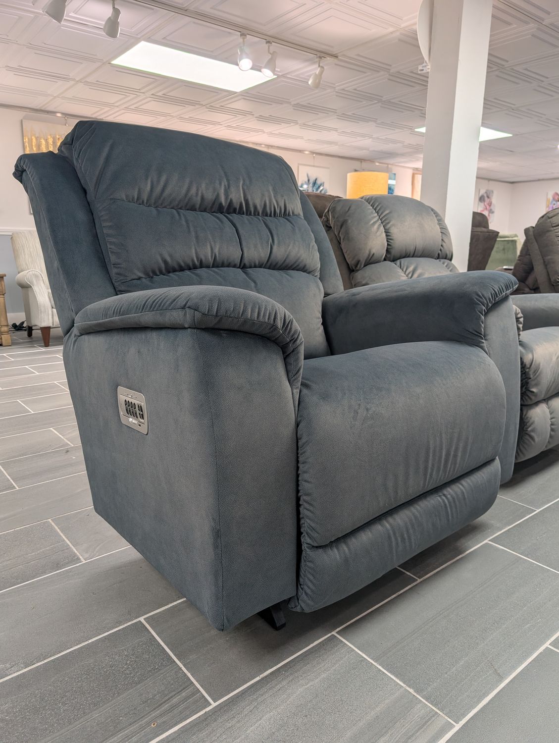 Redwood Power Rocking Recliner With Headrest, Lumbar Contour Cushion - i-Weekend Ocean Fabric