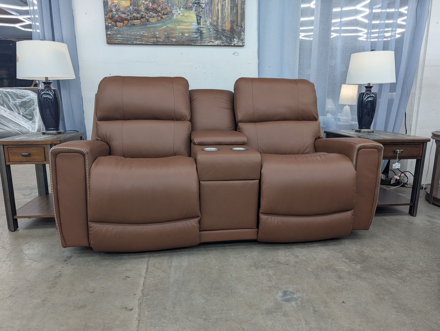 Apollo Power Reclining Loveseat w/ Headrest &amp; Console Salvo Caramel Leather FD