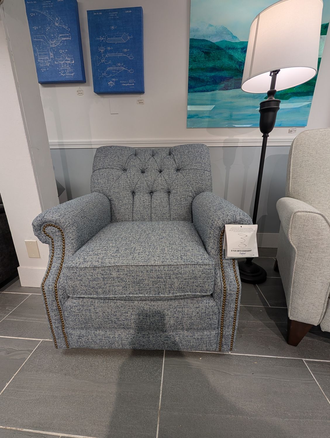 Perry Swivel Chair w/Nailhead trim Frame and Cushion Coil Upgrade Sugarloaf Steel Fabric