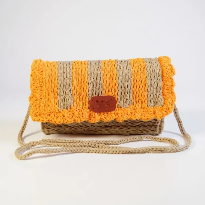 Sac pochette Orange & Beige en crochet et canvas "Été Indien"