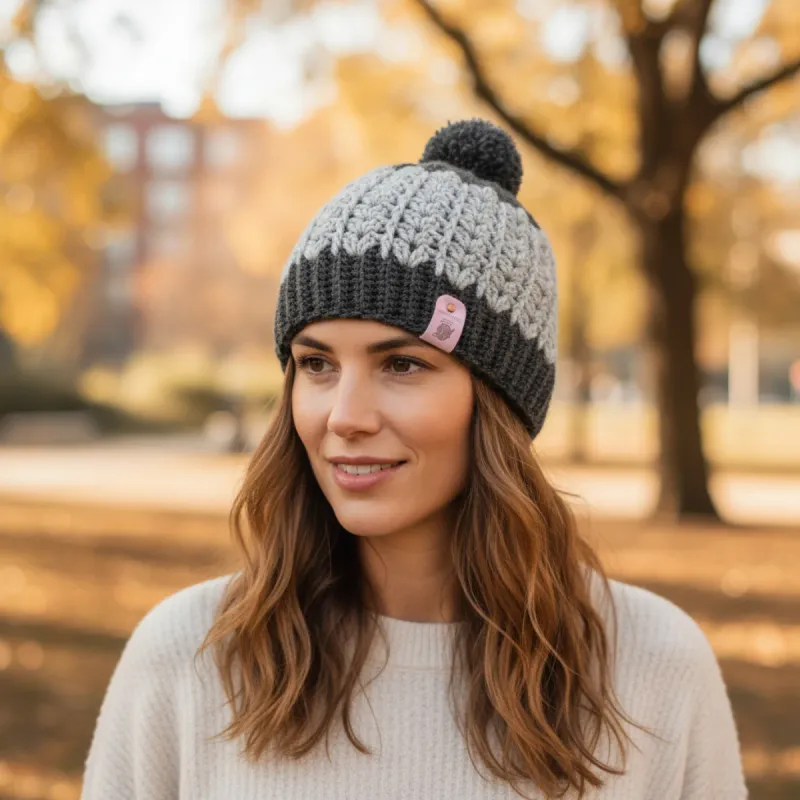 Bonnet slouchy gris duo en crochet – Fait main et personnalisable