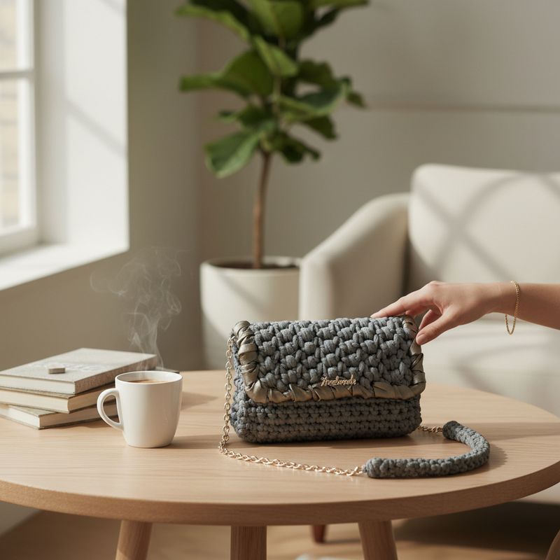 Sac à main fait main en crochet gris avec chaîne argentée