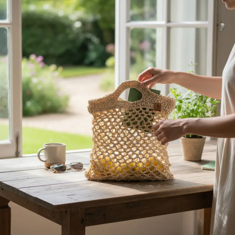 Sac cabas en raphia crocheté à la main