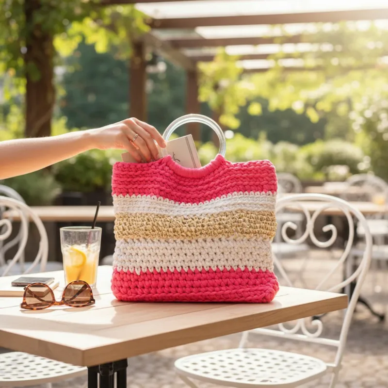 Sac cabas crocheté multicolore à anses rigides
