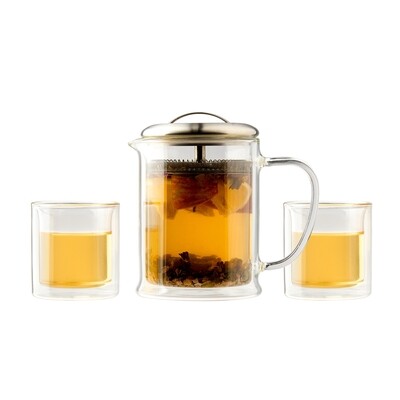 Tea Set - 3pc Double Wall Tea Strainer/Tea Cup Set