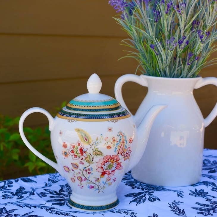 Teapot - Japanese Garden Teal border with Colorful Flowers