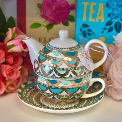 Teapot for One - Gold Teal and Emerald Geometric