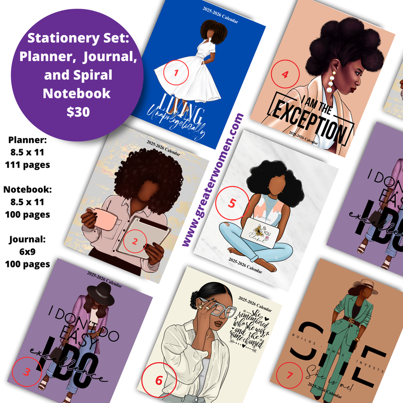 2025-2026 Black Woman Stationery Set: Planner,  Journal, and Spiral Notebook