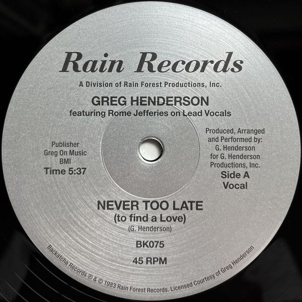 Greg Henderson featuring Rome Jefferies – Never Too Late (To Find A Love) - 12"