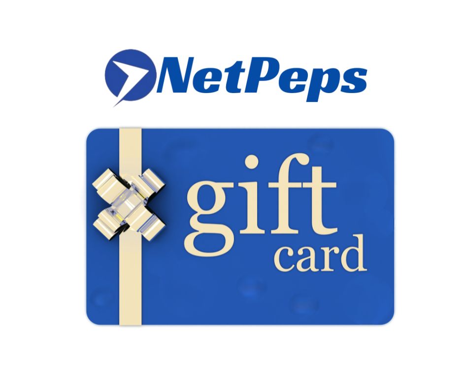 NetPeps gift card, blue card with gold text and ribbon design, NetPeps logo above, digital gift card for online purchases.