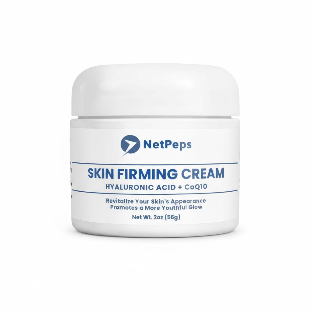 NetPeps Skin Firming Cream, 2oz, white jar with blue text, featuring Hyaluronic Acid and CoQ10 for a youthful glow.