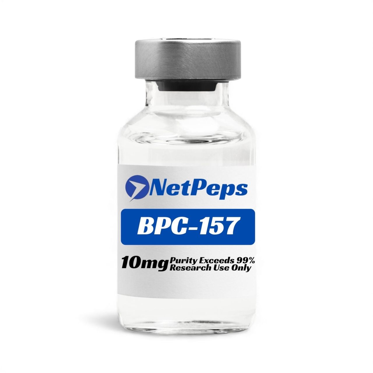 NetPeps BPC-157 10mg lyophilized peptide vial with silver cap, purity exceeds 99%, research use only.