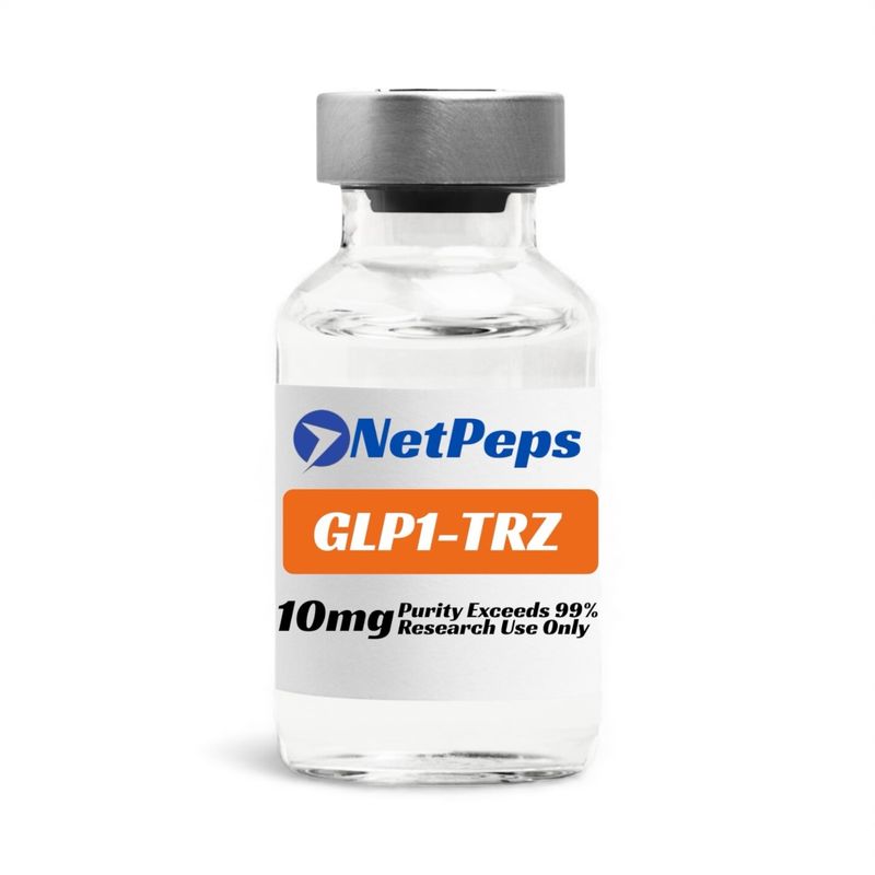 NetPeps GLP1-TRZ 10mg research vial, purity exceeds 99%, grey cap, clear glass bottle with white and orange label.