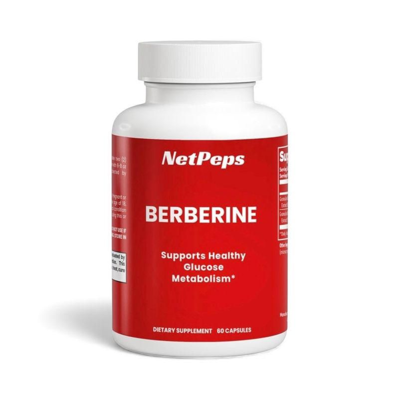 NetPeps Berberine dietary supplement bottle, 60 capsules, red label, white cap, supports healthy glucose metabolism.