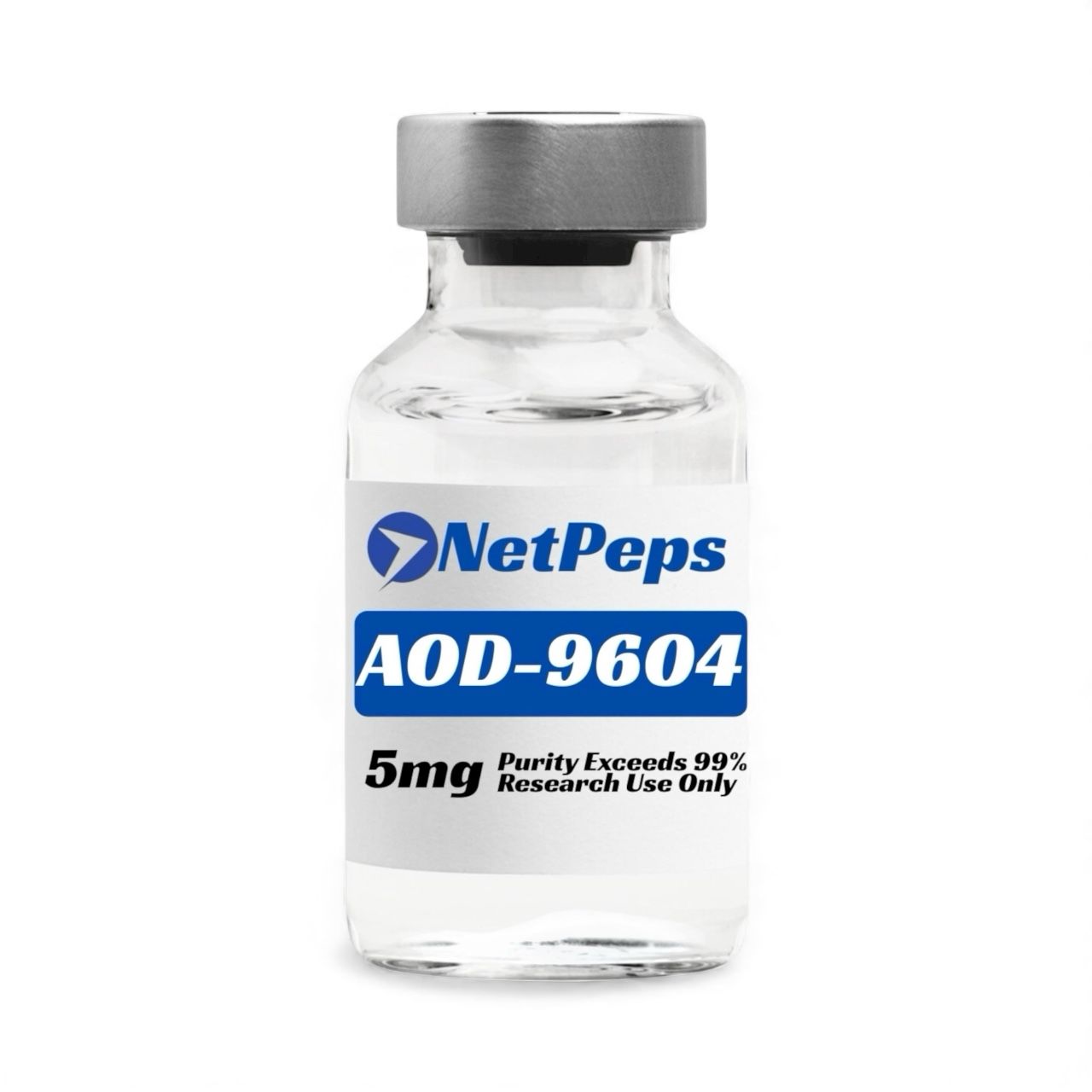 NetPeps AOD-9604 5mg research peptide vial, purity exceeds 99%, lyophilized powder, research use only.