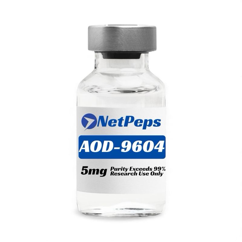 NetPeps AOD-9604 5mg vial, purity exceeds 99%, research use only.