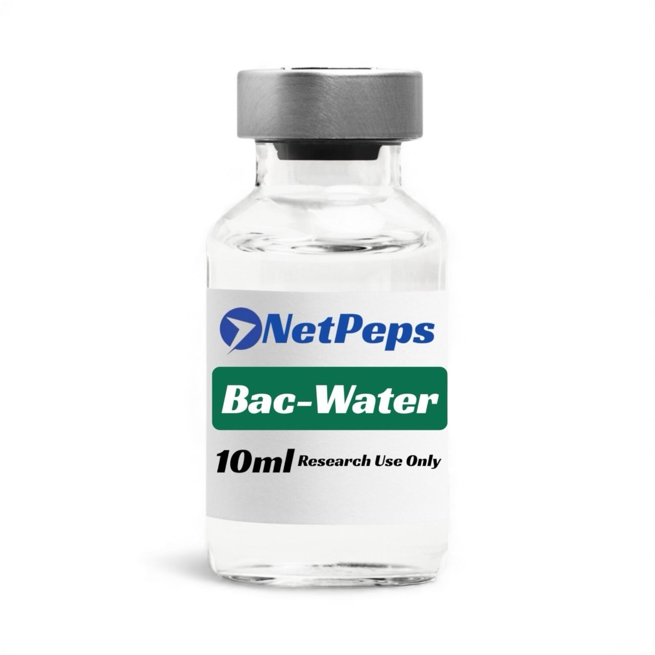 NetPeps Bac-Water 10ml research vial with silver cap and white and green label.
