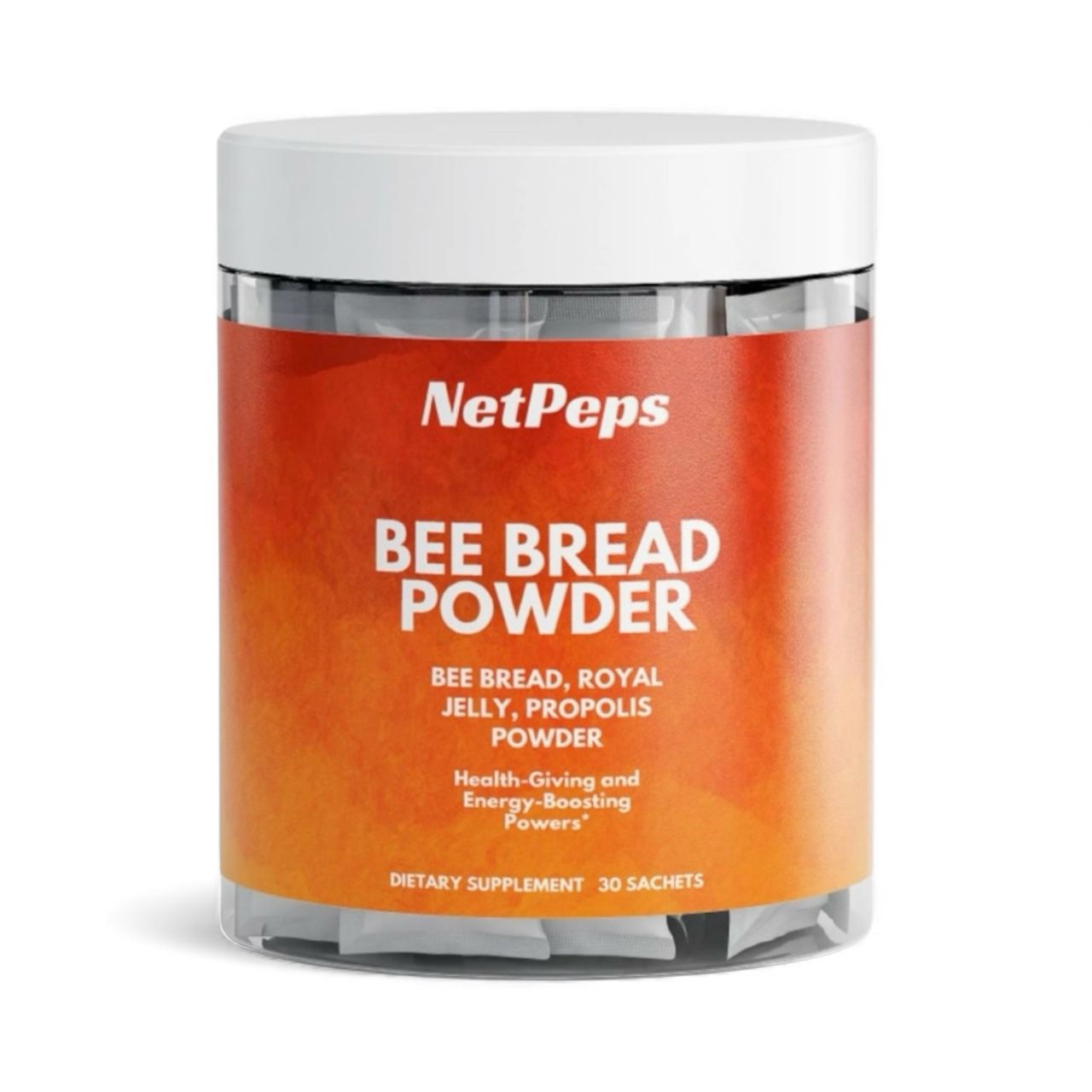 NetPeps Bee Bread Powder, orange label, white cap, dietary supplement with bee bread, royal jelly, and propolis, 30 sachets.