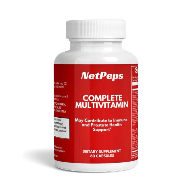 NetPeps Complete Multivitamin dietary supplement, 60 capsules, red and white bottle.