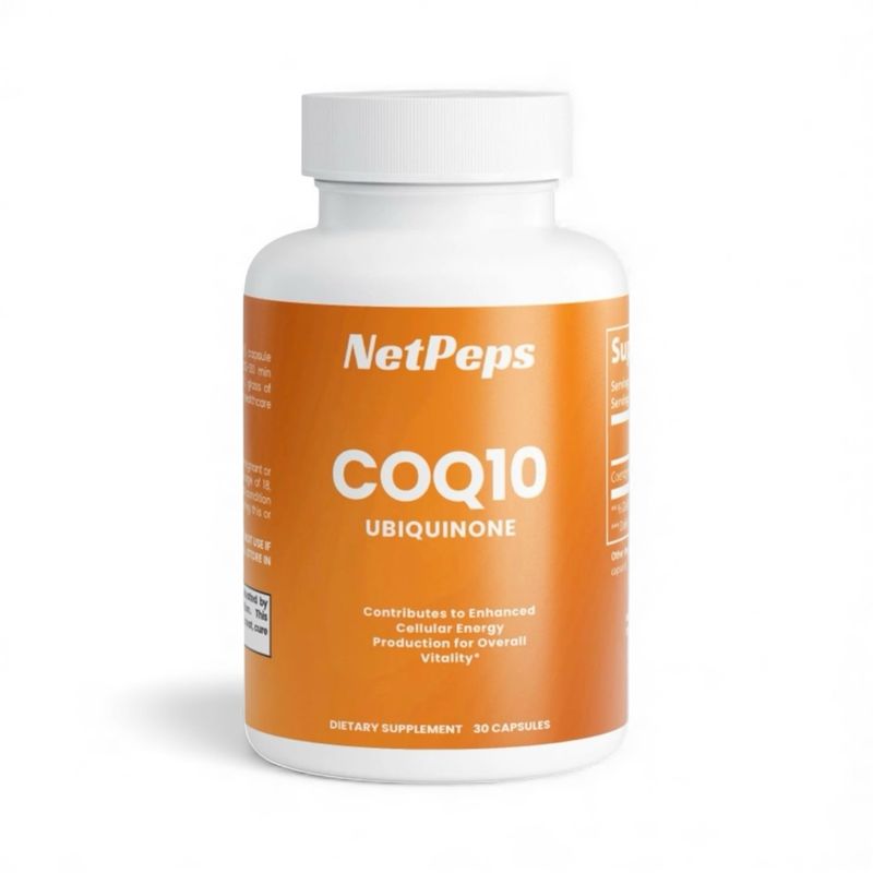 NetPeps CoQ10 Ubiquinone dietary supplement bottle, orange label, white cap, 30 capsules, supporting cellular energy production and overall vitality.