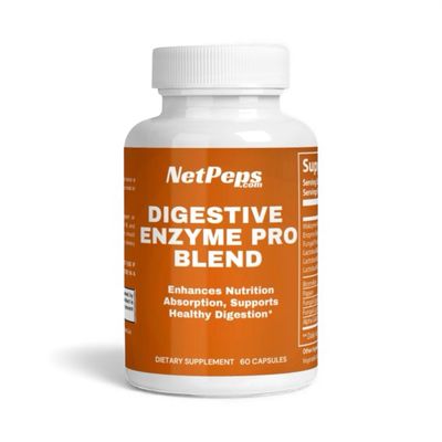 NetPeps Digestive Enzyme Pro Blend dietary supplement bottle, orange label, white cap, 60 capsules, supports healthy digestion and nutrition absorption.