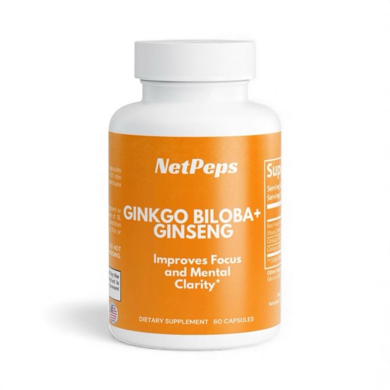 NetPeps Ginkgo Biloba + Ginseng dietary supplement, 60 capsules, white bottle with orange label.