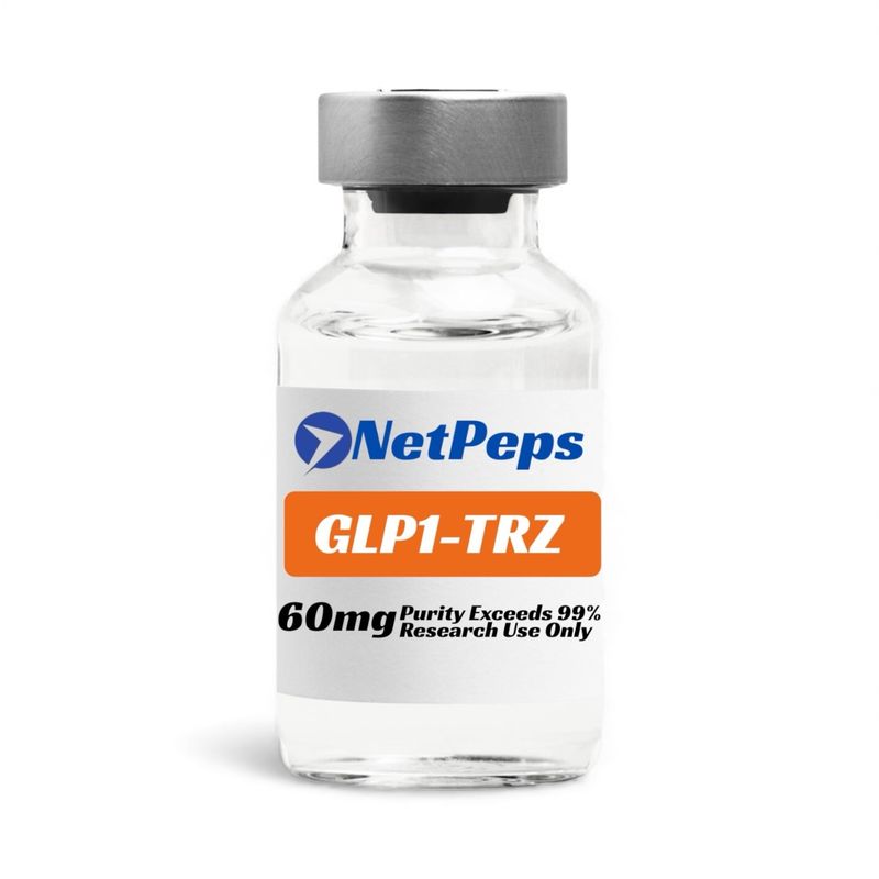 NetPeps GLP1-TRZ 60mg research vial, purity exceeds 99%, clear liquid, silver cap, white and orange label.