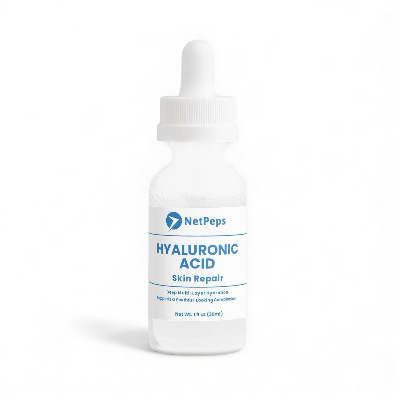 NetPeps Hyaluronic Acid Skin Repair serum bottle, 1 fl oz (30ml), white dropper bottle with blue label text.