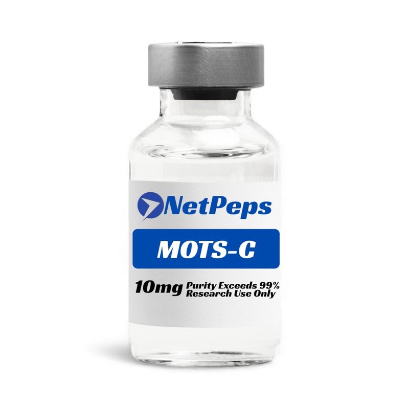 NetPeps MOTS-C 10mg research peptide vial with purity exceeding 99%, silver cap and white and blue labeling on a clear glass bottle.