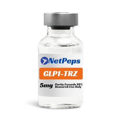 NetPeps GLP1-TRZ 5mg research peptide vial, clear glass, silver cap, purity exceeds 99%, research use only.