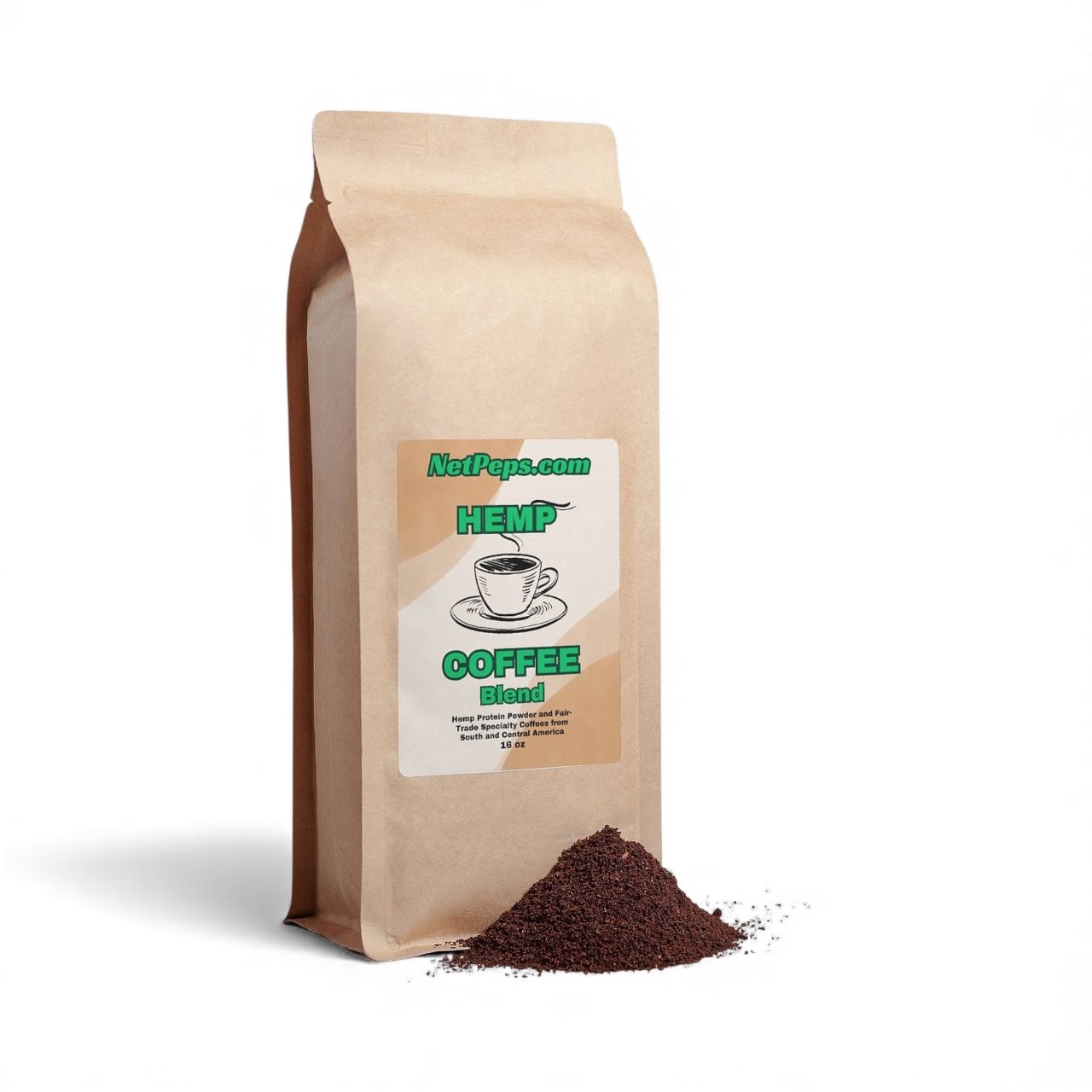 Brown bag of Hemp Coffee Blend with green and black text, 16 oz, featuring a cup of coffee, with a pile of ground coffee.