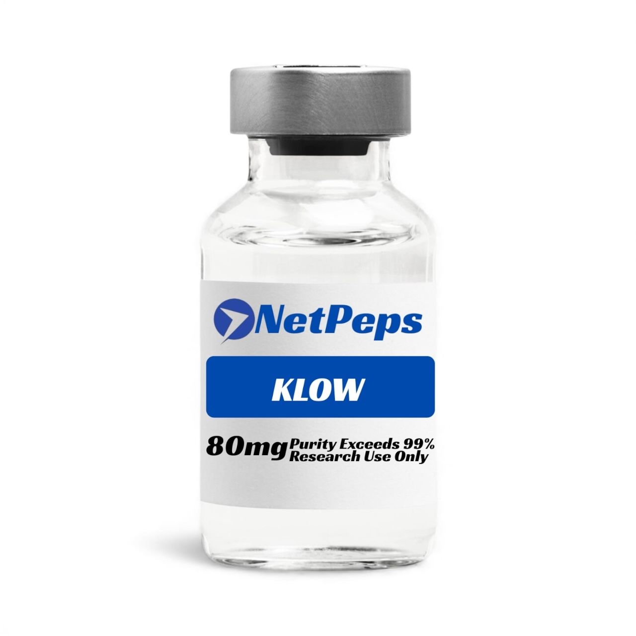 Klow 80mg research peptide vial by NetPeps, lyophilized powder, purity exceeds 99%, research use only.