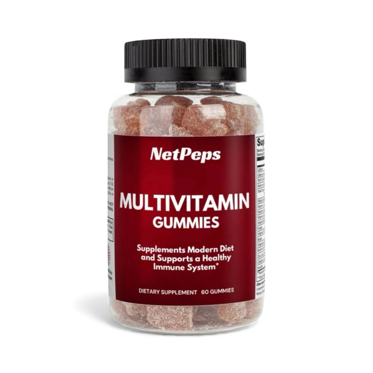 NetPeps Multivitamin Gummies, 60 brown gummies in a clear plastic bottle with a black cap and red label, dietary supplement.