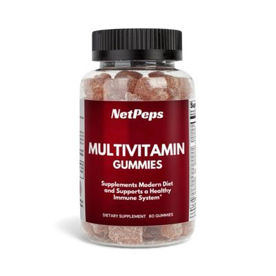 NetPeps Multivitamin Gummies, 60 brown gummies in a clear plastic bottle with a black cap and red label, dietary supplement.