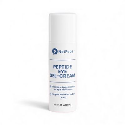 NetPeps Peptide Eye Gel-Cream, 1 fl oz, white tube with blue text, targets eye puffiness and wrinkles.