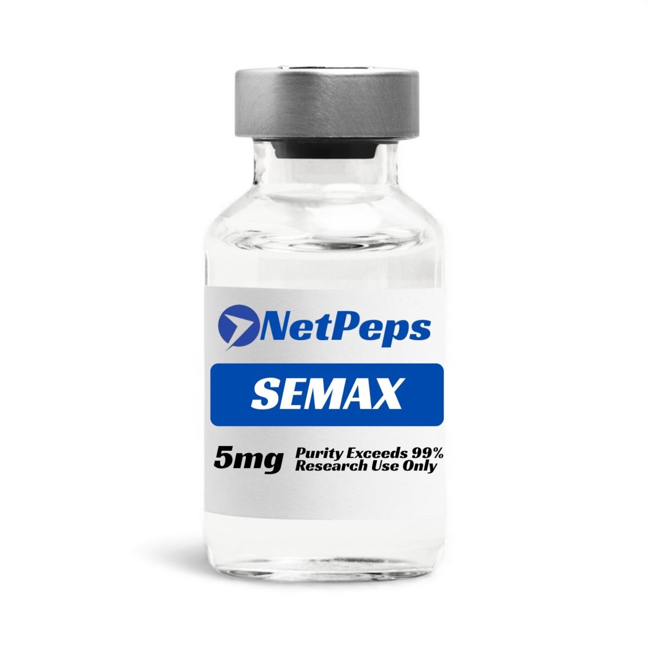 Semax 5mg, NetPeps, clear vial with silver cap, blue and white label, research use only, purity exceeds 99%, lyophilized peptide.